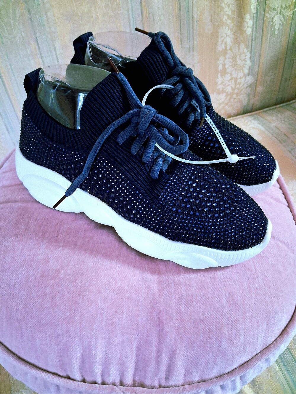 NWT Patriza Spring Step Navy Knit  Blue Crystal Slipon/ Lace-Up Sneakers Size 9